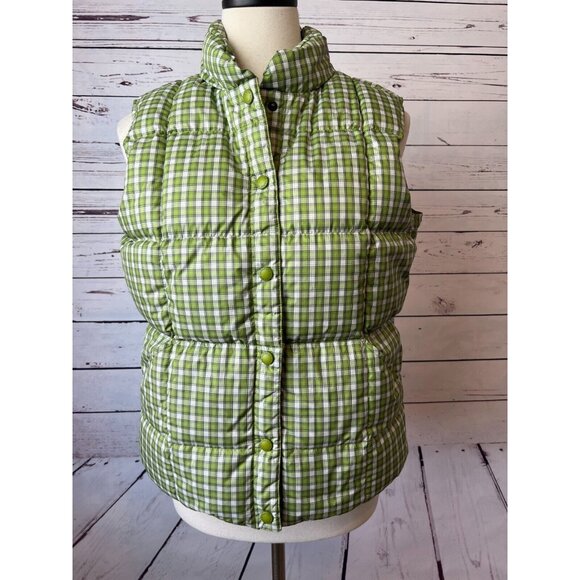 Lands End Vest Puffer Down Feather Green Plaid Quilted Small Packable Nylon Snap - Picture 1 of 9